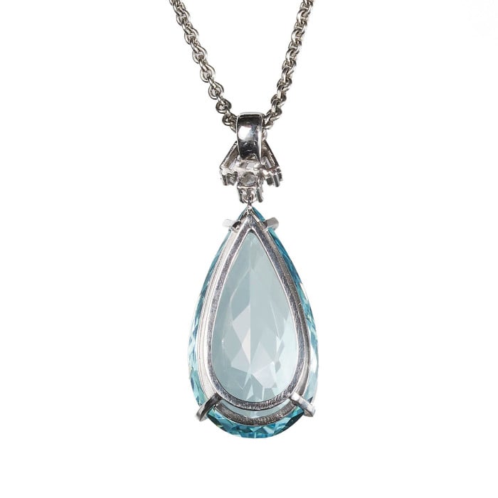 New Pear Shape Aquamarine Diamond and White Gold Pendant, 21.55 Carats