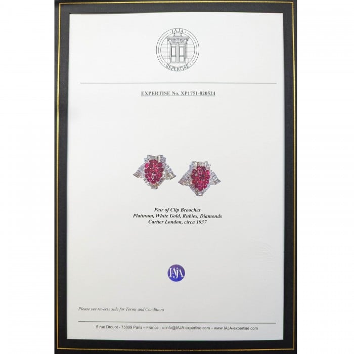 Pair of Cartier Art Deco Ruby Diamond and Platinum Clips, Circa 1937