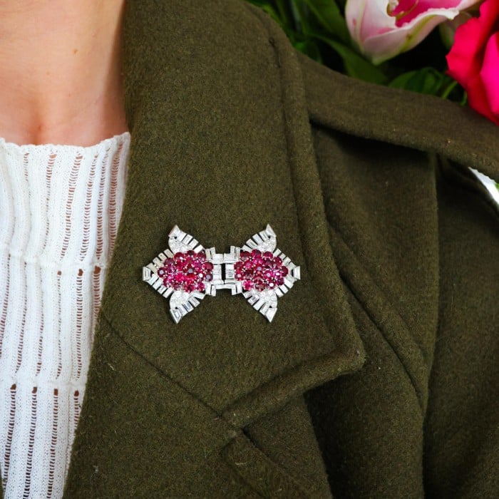 Pair of Cartier Art Deco Ruby Diamond and Platinum Clips, Circa 1937