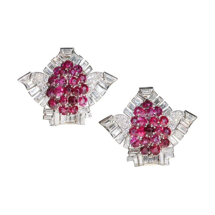 Pair of Cartier Art Deco Ruby Diamond and Platinum Clips, Circa 1937