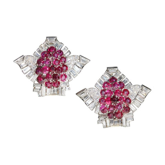 Pair of Cartier Art Deco Ruby Diamond and Platinum Clips, Circa 1937
