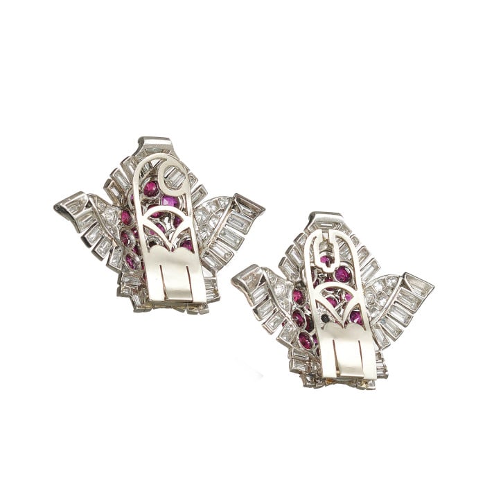 Pair of Cartier Art Deco Ruby Diamond and Platinum Clips, Circa 1937