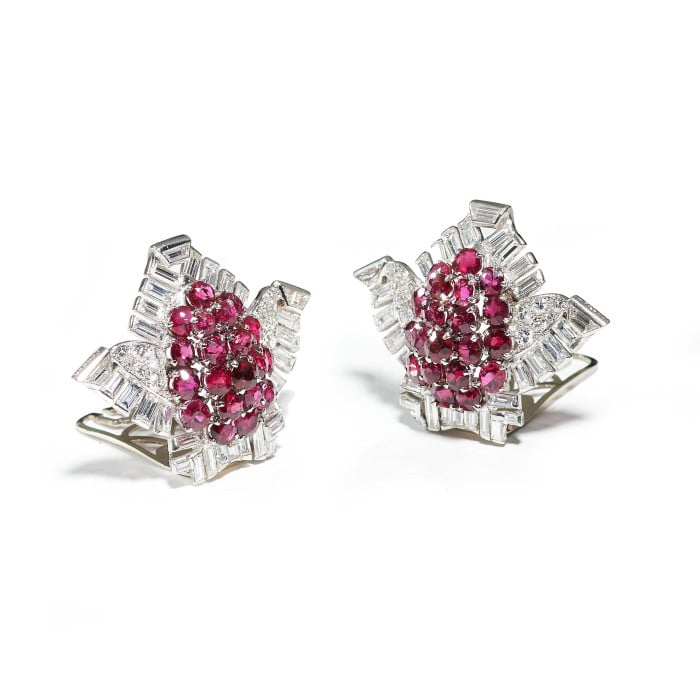Pair of Cartier Art Deco Ruby Diamond and Platinum Clips, Circa 1937