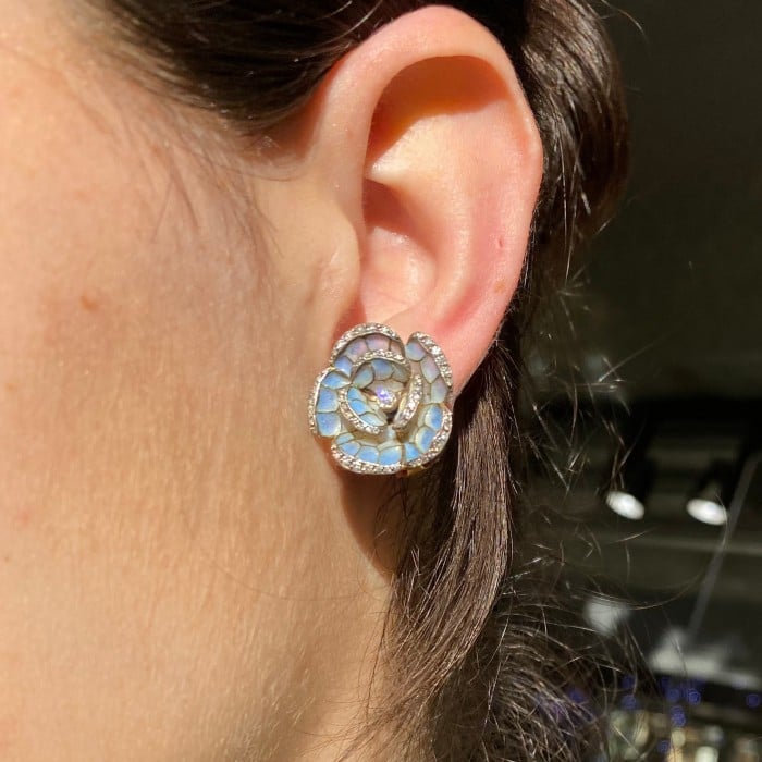 Pale Blue Plique a Jour Enamel, Diamond, Gold and Silver Flower Earrings