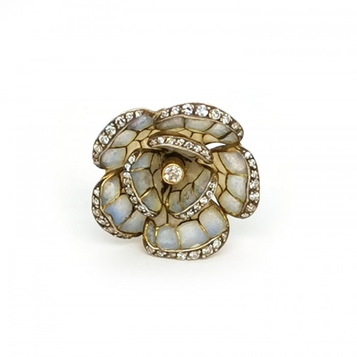 Pale Blue Plique a Jour Enamel, Diamond, Gold and Silver Flower Earrings
