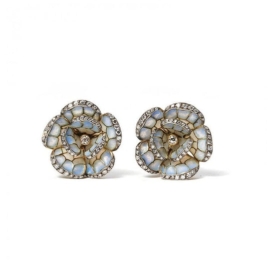Pale Blue Plique a Jour Enamel, Diamond, Gold and Silver Flower Earrings