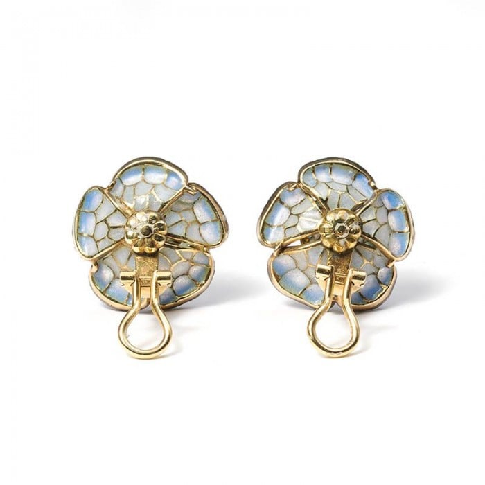 Pale Blue Plique a Jour Enamel, Diamond, Gold and Silver Flower Earrings