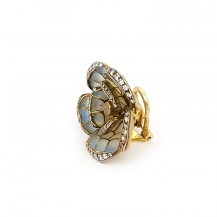 Pale Blue Plique a Jour Enamel, Diamond, Gold and Silver Flower Earrings
