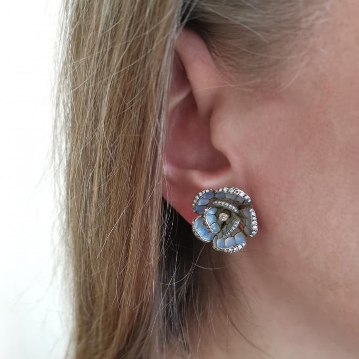 Pale Blue Plique a Jour Enamel, Diamond, Gold and Silver Flower Earrings
