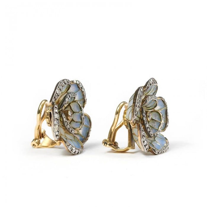Pale Blue Plique a Jour Enamel, Diamond, Gold and Silver Flower Earrings