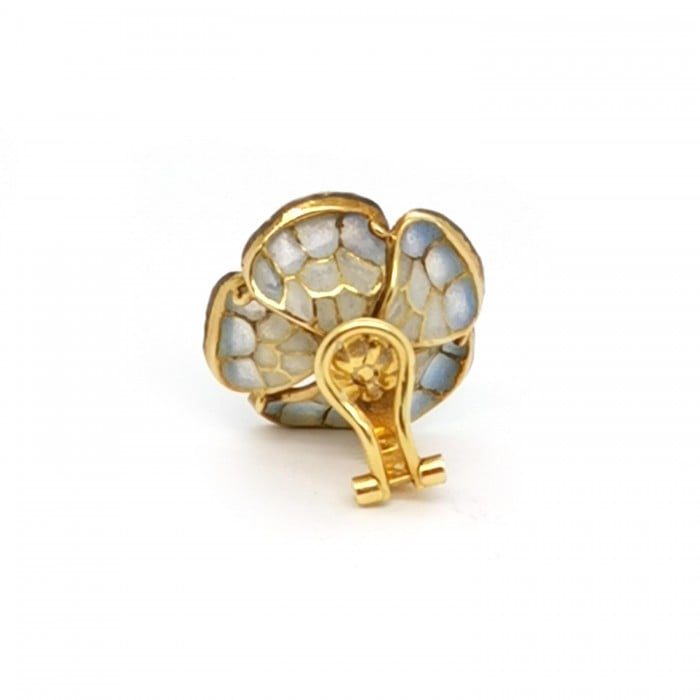 Pale Blue Plique a Jour Enamel, Diamond, Gold and Silver Flower Earrings