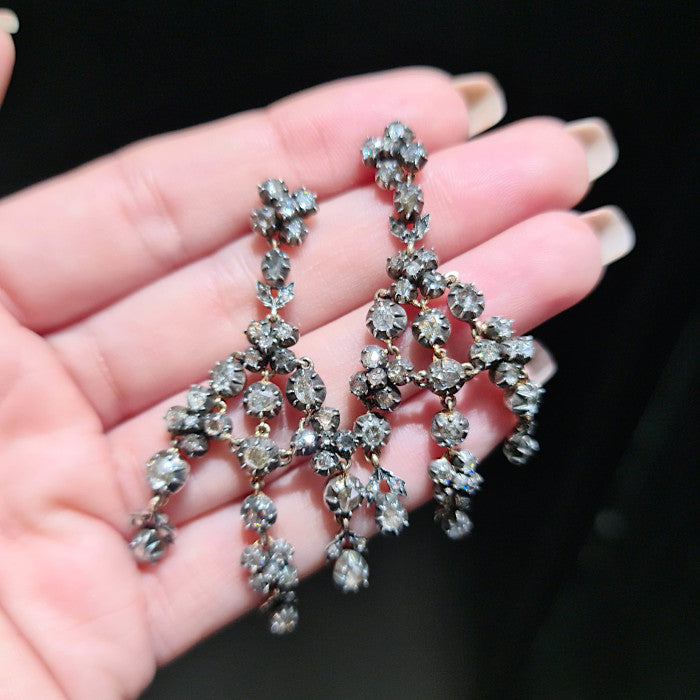Rose Cut Diamond and Silver Upon Gold Girandole Earrings