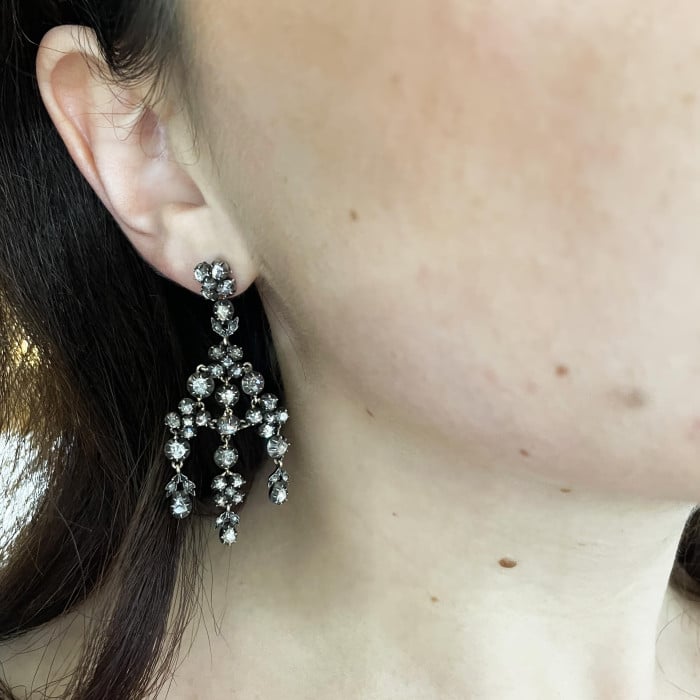 Rose Cut Diamond and Silver Upon Gold Girandole Earrings