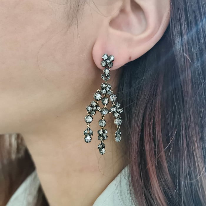 Rose Cut Diamond and Silver Upon Gold Girandole Earrings