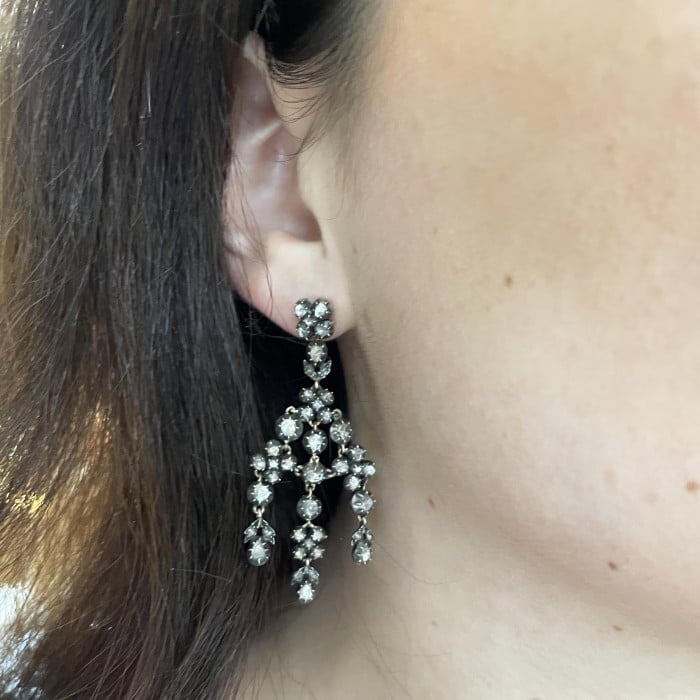 Rose Cut Diamond and Silver Upon Gold Girandole Earrings