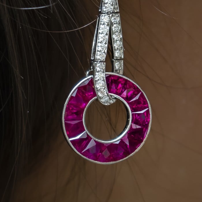 Ruby and Diamond Platinum Drop Earrings