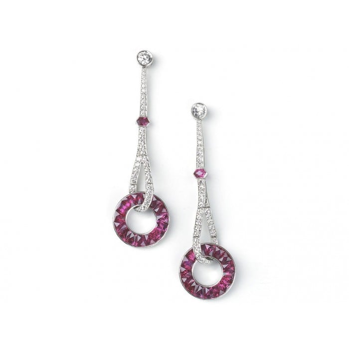 Ruby and Diamond Platinum Drop Earrings