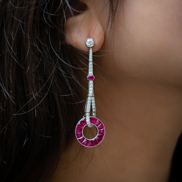 Ruby and Diamond Platinum Drop Earrings