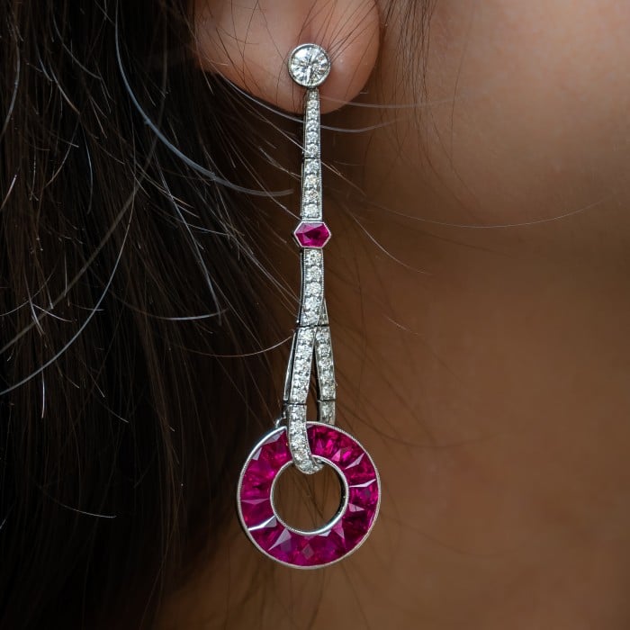 Ruby and Diamond Platinum Drop Earrings