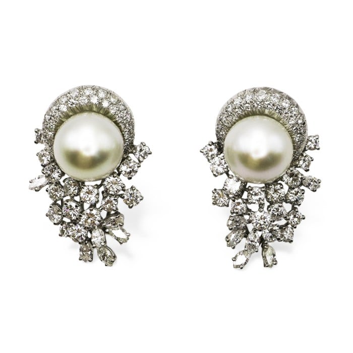South Sea Pearl Diamond and White Gold Earrings, 8.50 Carats, Circa 1960