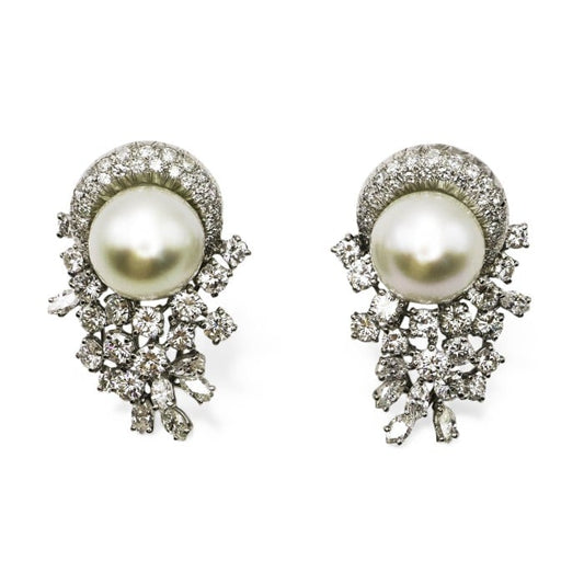 South Sea Pearl Diamond and White Gold Earrings, 8.50 Carats, Circa 1960