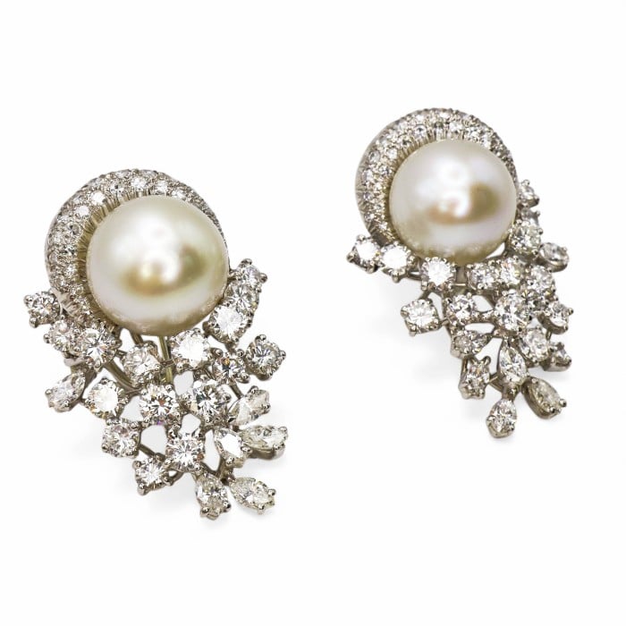 South Sea Pearl Diamond and White Gold Earrings, 8.50 Carats, Circa 1960