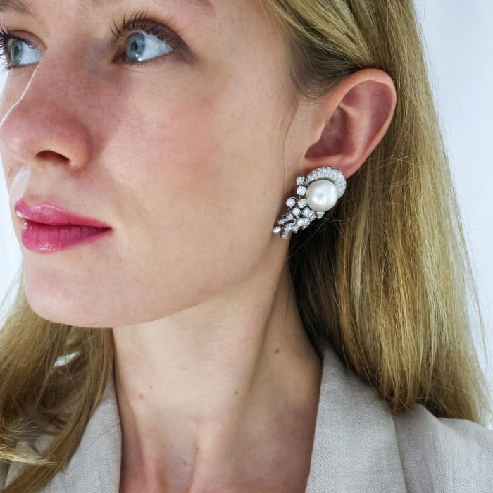 South Sea Pearl Diamond and White Gold Earrings, 8.50 Carats, Circa 1960