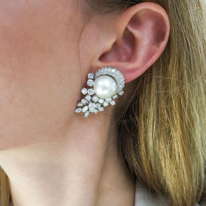 South Sea Pearl Diamond and White Gold Earrings, 8.50 Carats, Circa 1960