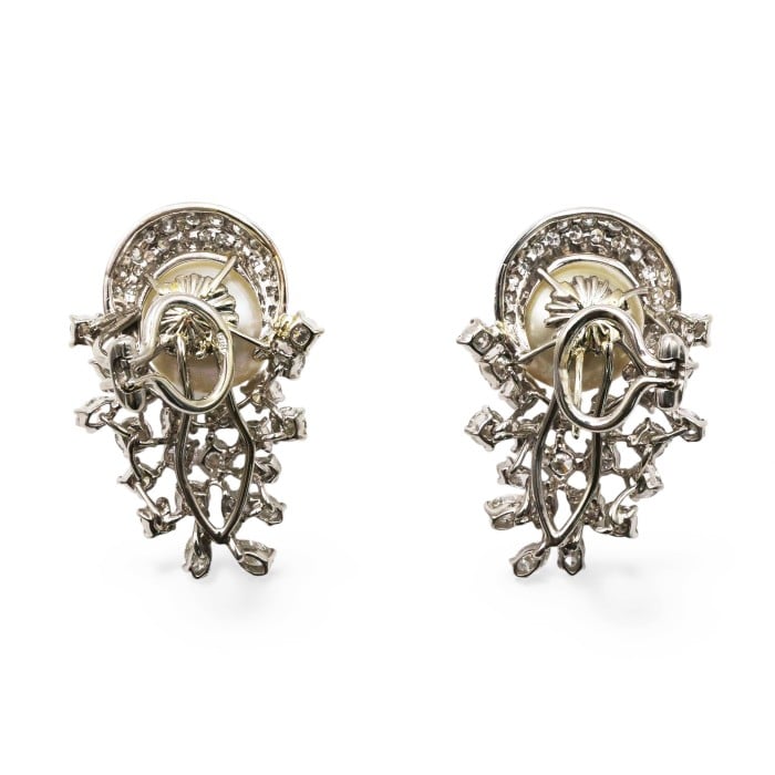 South Sea Pearl Diamond and White Gold Earrings, 8.50 Carats, Circa 1960