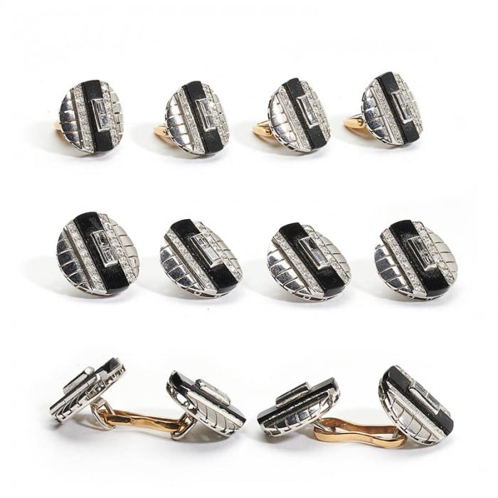 Stewart Dawson Art Deco Black Onyx Diamond and White Gold Dress-Set, Circa 1930
