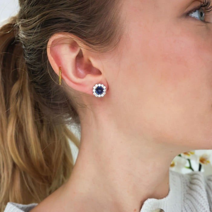 Sugarloaf Cabochon Sapphire Diamond and Platinum Cluster Earrings, 2.83ct