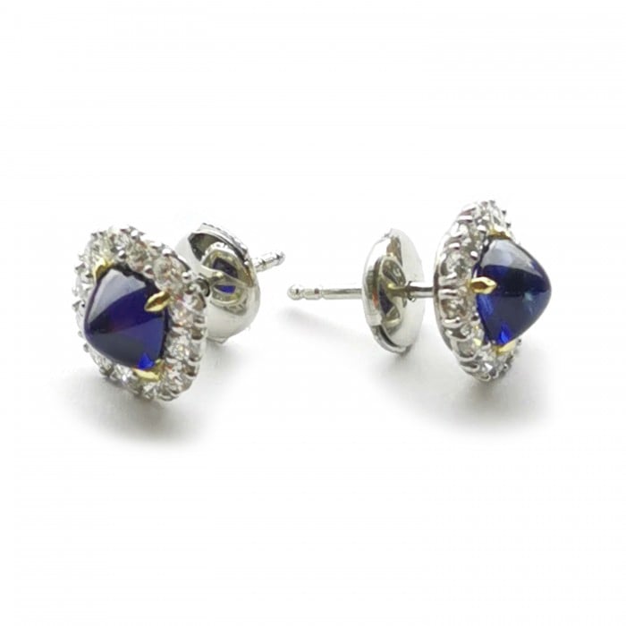 Sugarloaf Cabochon Sapphire Diamond and Platinum Cluster Earrings, 2.83ct