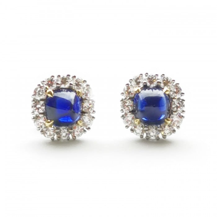 Sugarloaf Cabochon Sapphire Diamond and Platinum Cluster Earrings, 2.83ct