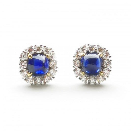 Sugarloaf Cabochon Sapphire Diamond and Platinum Cluster Earrings, 2.83ct
