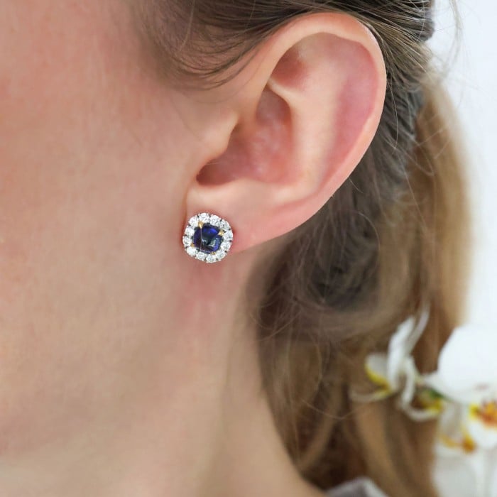 Sugarloaf Cabochon Sapphire Diamond and Platinum Cluster Earrings, 2.83ct