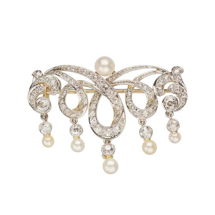 T. B. Starr Belle Époque Pearl Platinum and Gold Brooch, Circa 1905