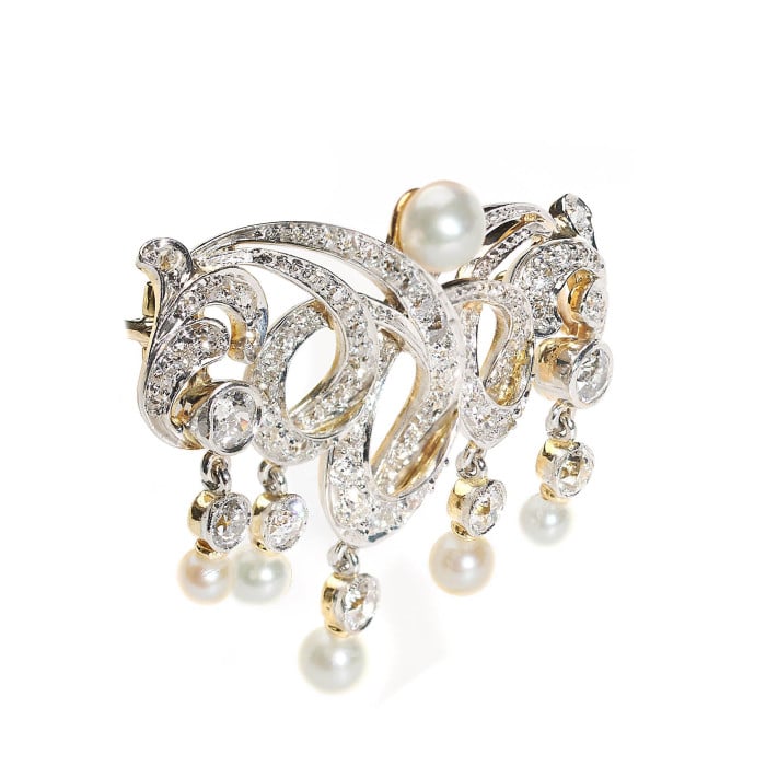 T. B. Starr Belle Époque Pearl Platinum and Gold Brooch, Circa 1905