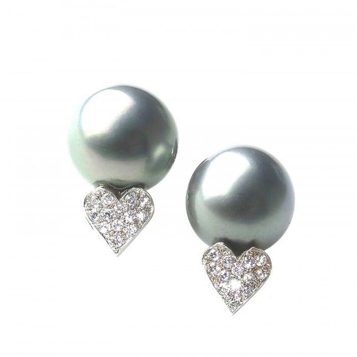 Tahitian Pearl Diamond Heart and 14ct White Gold Earrings, Circa 1990