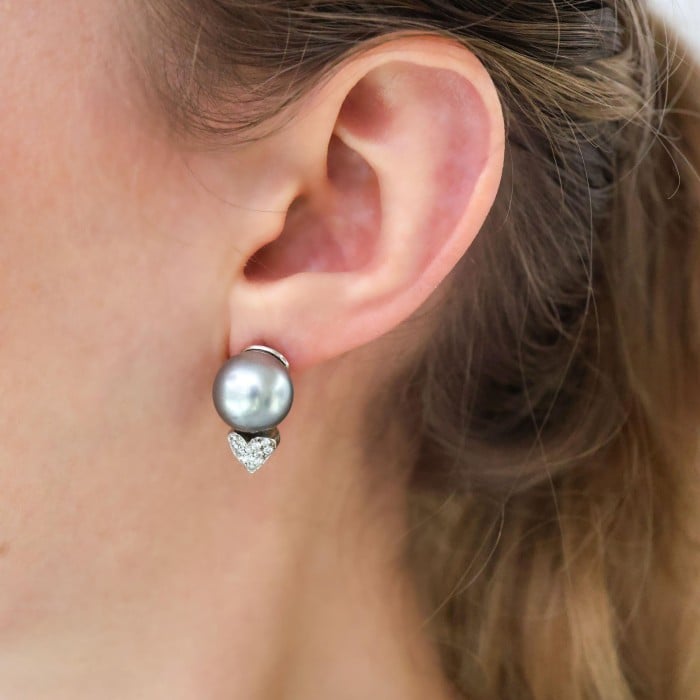 Tahitian Pearl Diamond Heart and 14ct White Gold Earrings, Circa 1990