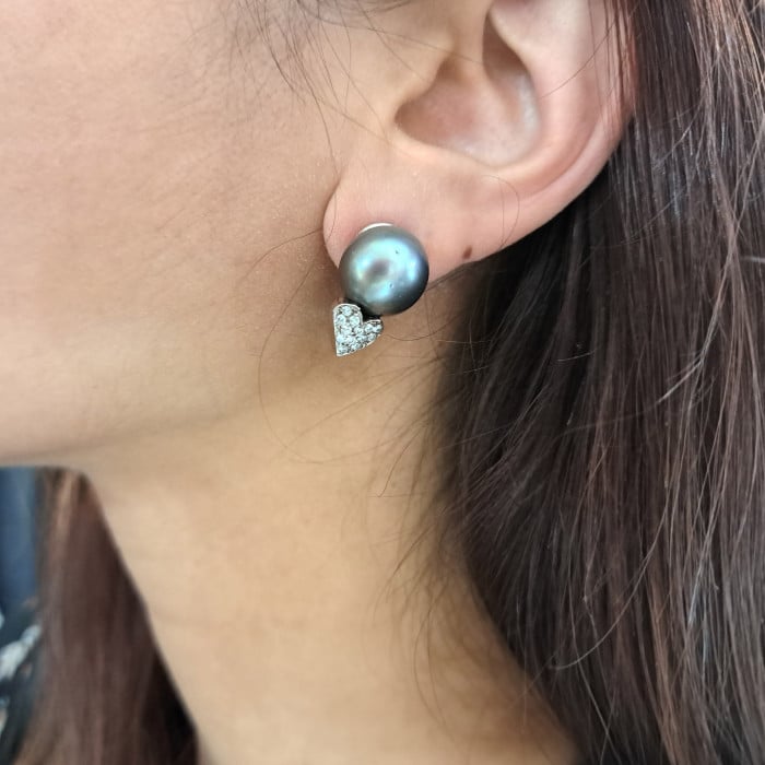 Tahitian Pearl Diamond Heart and 14ct White Gold Earrings, Circa 1990