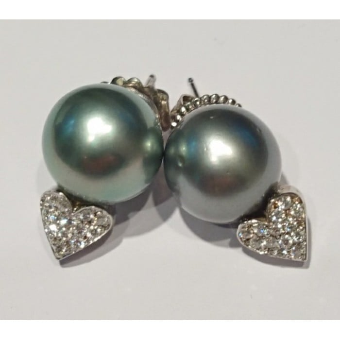 Tahitian Pearl Diamond Heart and 14ct White Gold Earrings, Circa 1990