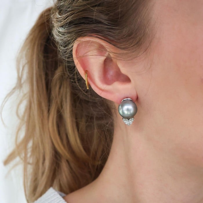 Tahitian Pearl Diamond Heart and 14ct White Gold Earrings, Circa 1990