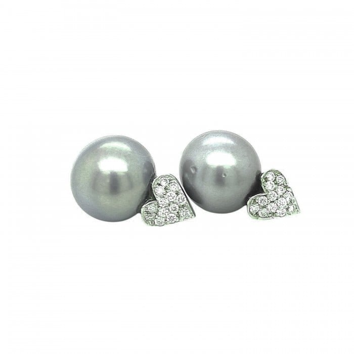 Tahitian Pearl Diamond Heart and 14ct White Gold Earrings, Circa 1990