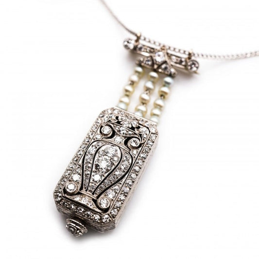 Tiffany & Co. Art Deco Diamond Pearl and Platinum Pendant Watch, Circa 1925, Movement Currently Not Working