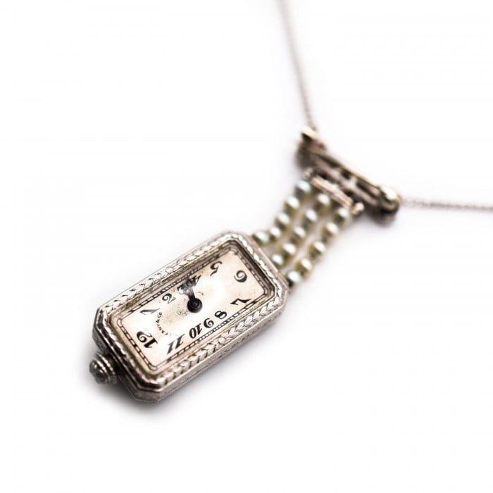 Tiffany & Co. Art Deco Diamond Pearl and Platinum Pendant Watch, Circa 1925, Movement Currently Not Working