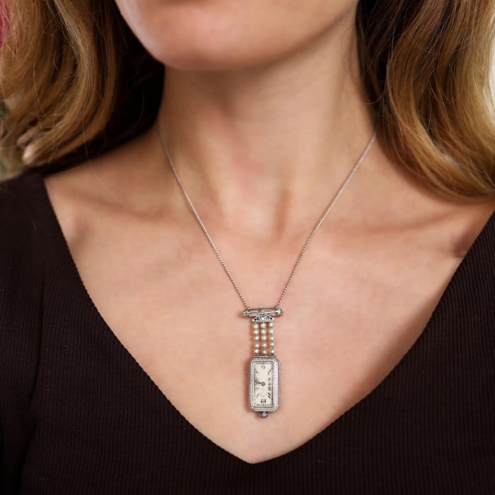 Tiffany & Co. Art Deco Diamond Pearl and Platinum Pendant Watch, Circa 1925, Movement Currently Not Working
