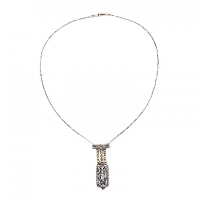 Tiffany & Co. Art Deco Diamond Pearl and Platinum Pendant Watch, Circa 1925, Movement Currently Not Working