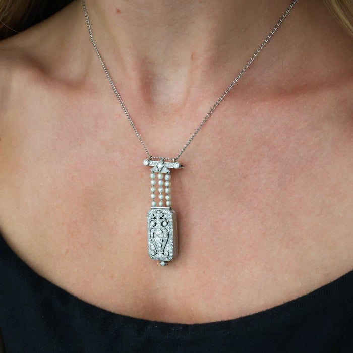 Tiffany & Co. Art Deco Diamond Pearl and Platinum Pendant Watch, Circa 1925, Movement Currently Not Working