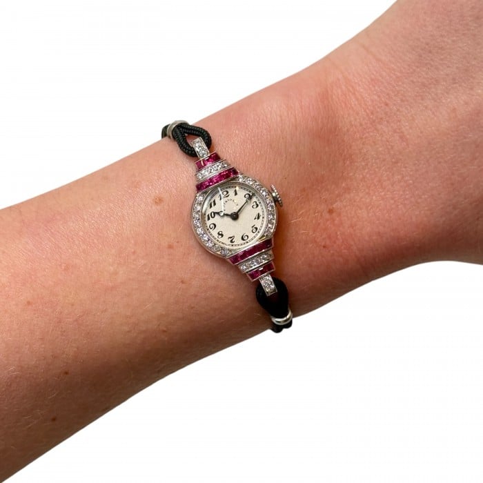 Tiffany & Co. Art Deco Ruby Diamond and Platinum Cocktail Watch With Double Cord Strap, 1942