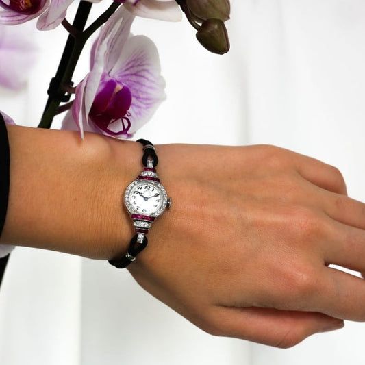 Tiffany & Co. Art Deco Ruby Diamond and Platinum Cocktail Watch With Double Cord Strap, 1942
